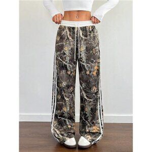 Women's Autumn Patchwork Leaf Print And Solid Color Drawstring Waist Pants